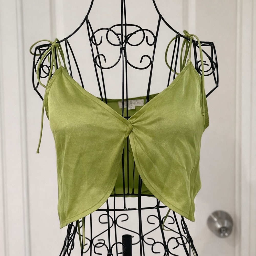 Endless Blu Moss Green Satin Tie Strap Crop Top NWOT Boho Chic
